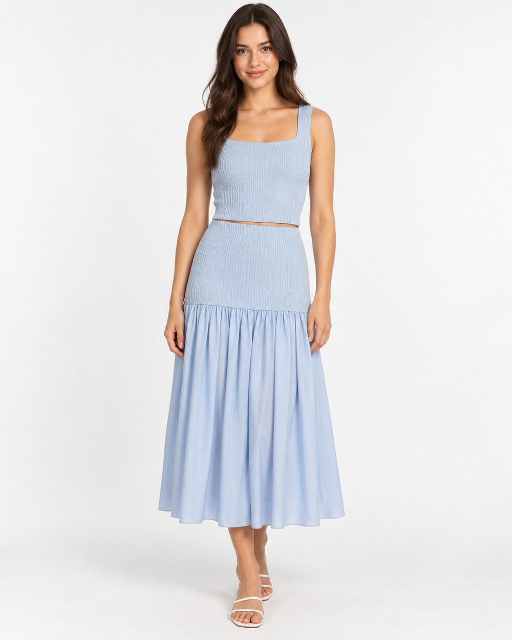 New ASTR The Label Thesan Blue Two Piece Crop Top Midi Skirt Set XS